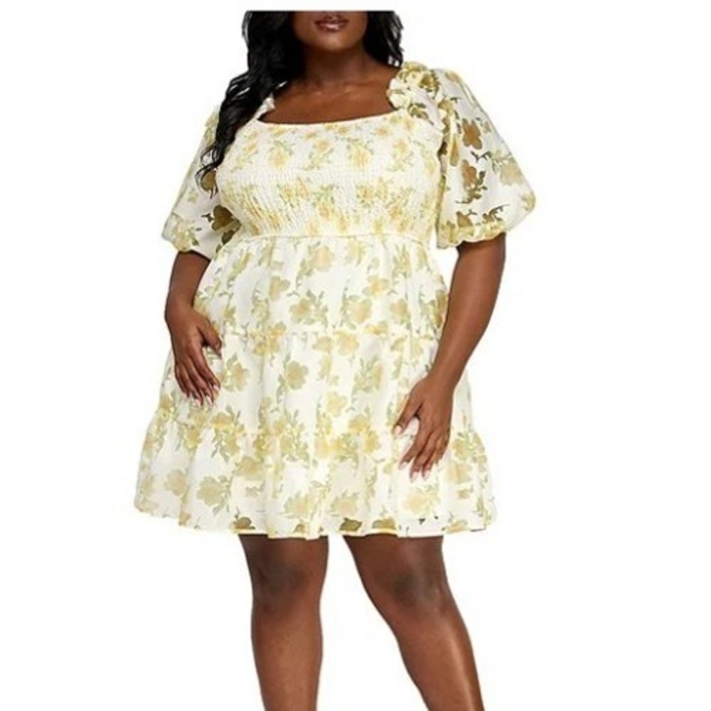 Layered With Love Dress Womens 3X Yellow Fade Floral Square Neck Tiered Jacquard